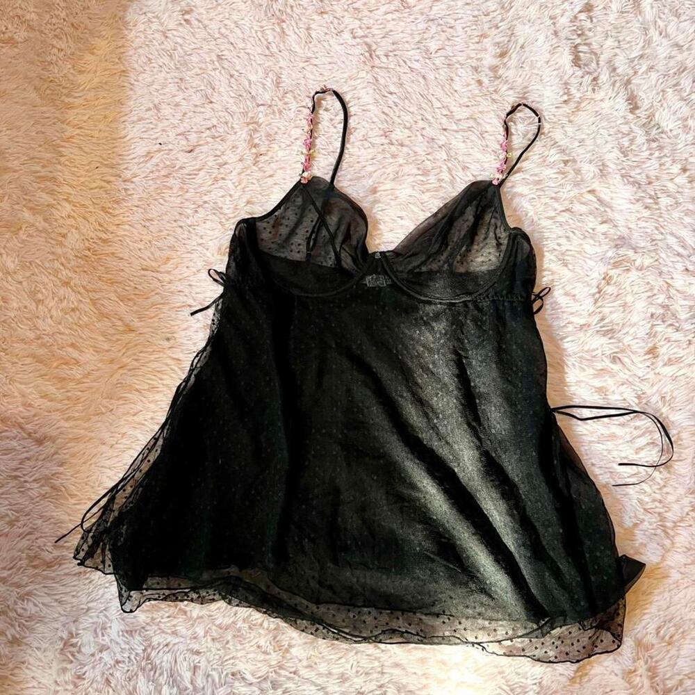 Black Sheer Polka Dot Feminine Sleepwear‎  Romantic Sexy Lingerie Slip Dress